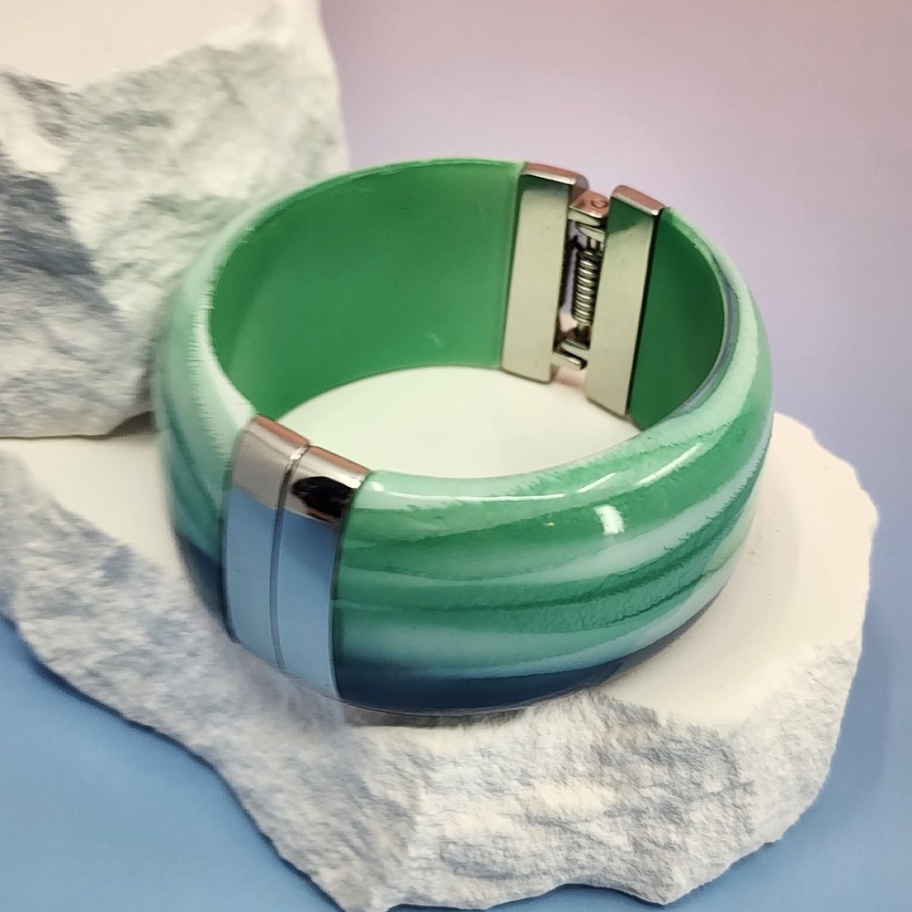 Green Blue Marbled Hinged Bangle Bracelet Silver Tone Chunky Statement Boho Gift